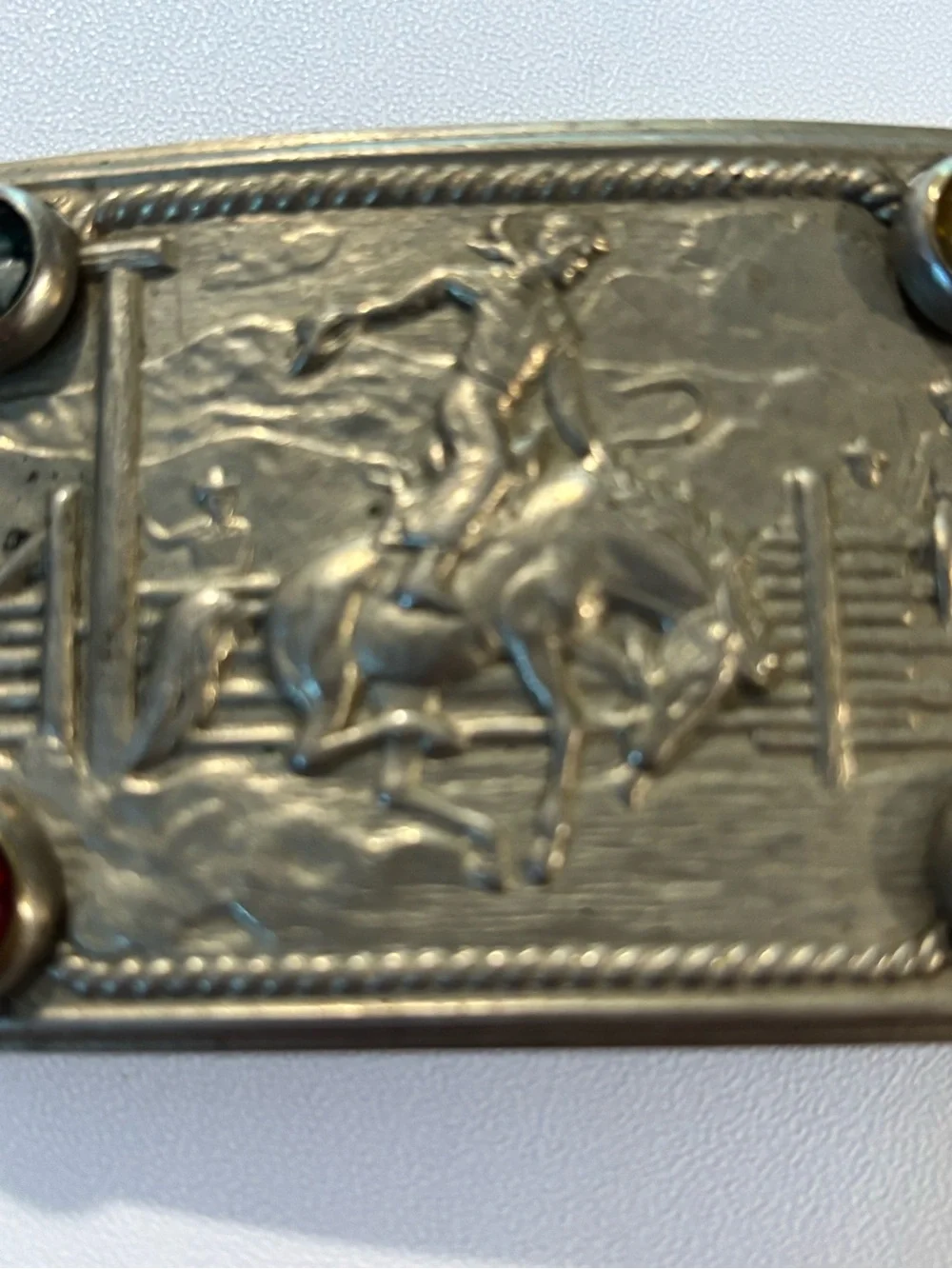 Vintage Western Motif Belt Buckle with Multicolor Stones 1940s? Cowboy